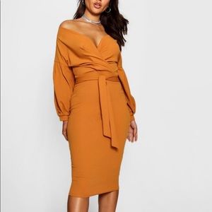 Nina off the shoulder bodycon dress w/ belt. Desert sand/Mustard yellow.  BNWT.